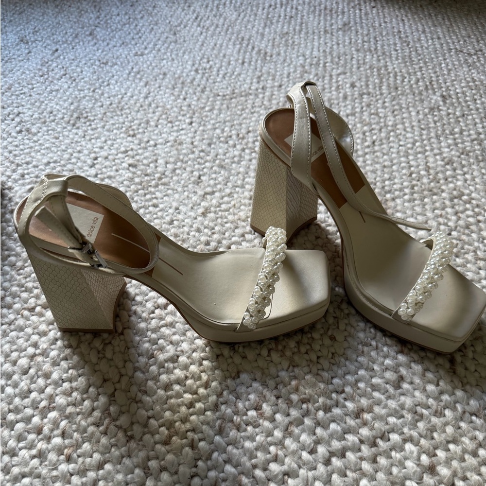 Dolce Vita Cream Block Heel Sandals with Pearl Detail